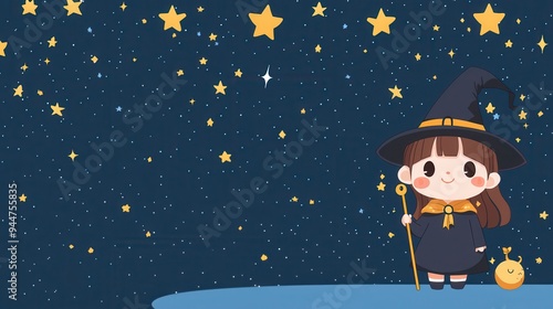 Cute Cartoon Witch Under Night Sky With Stars