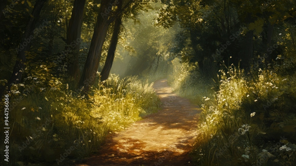 Obraz premium A Sunlit Path Through a Lush Forest