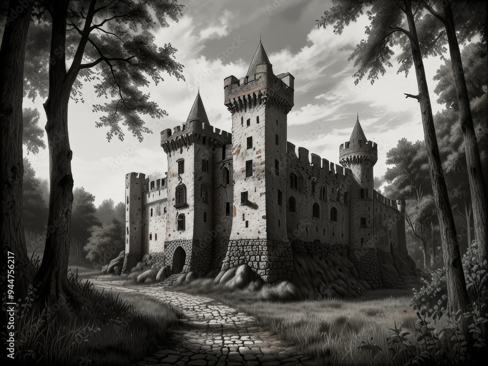 Detailed Pen and Ink and Pencil Sketch of a Majestic Castle Detailed Pen and Ink and Pencil Sketch of a Majestic Castle