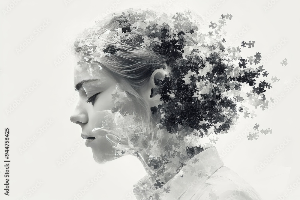 Ethereal Portrait of Woman Dissolving into Puzzle Pieces Representing the Fragility of Identity Memory and the Passage of Time Ethereal Portrait of Woman Dissolving into Puzzle Pieces Representing the Fragility of Identity Memory and the Passage of Time