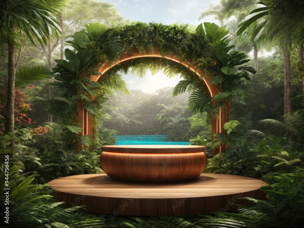 Wooden podium in tropical forest for product presentation Wooden podium in tropical forest for product presentation