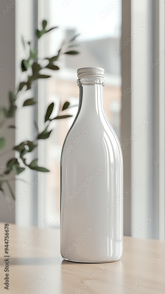 Minimalistic white bottle on a wooden table by a window with soft natural light and plant in background. Minimalistic white bottle on a wooden table by a window with soft natural light and plant in background.