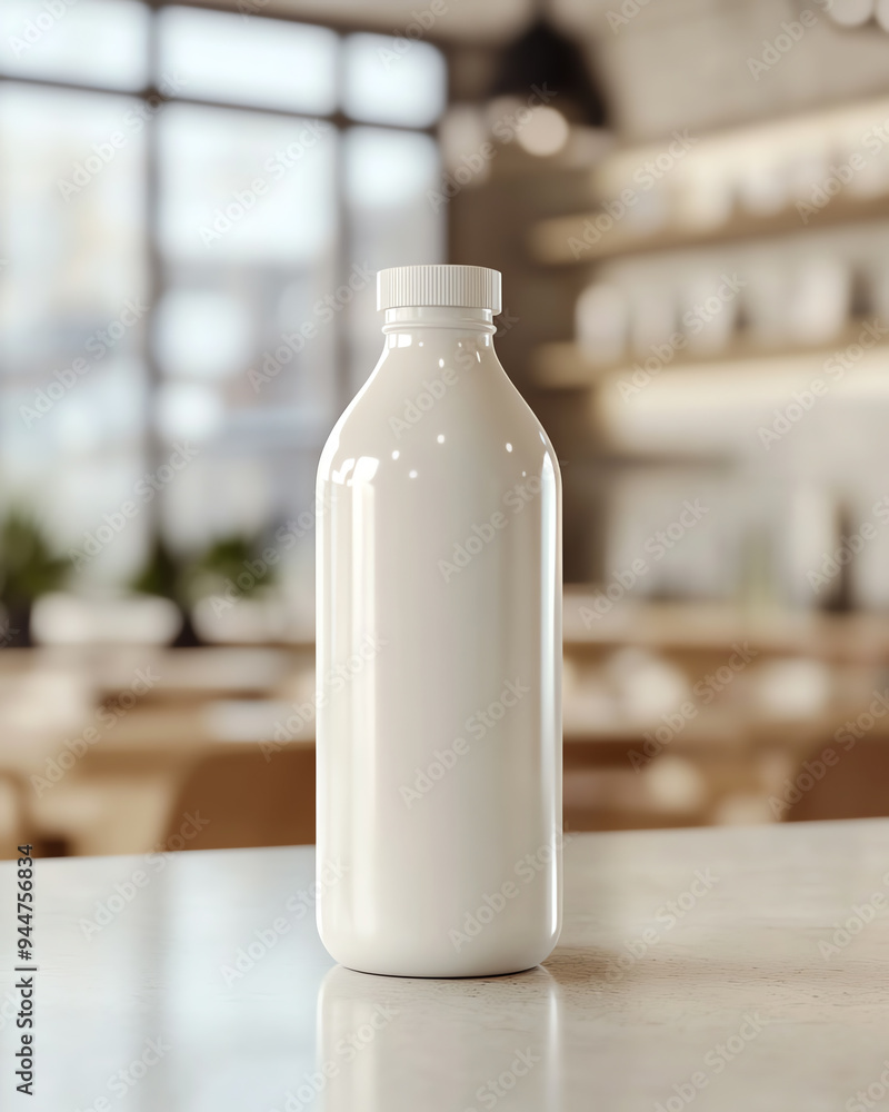 Minimalistic white bottle with reflective surface on a bright kitchen counter in a modern kitchen environment. Minimalistic white bottle with reflective surface on a bright kitchen counter in a modern kitchen environment.