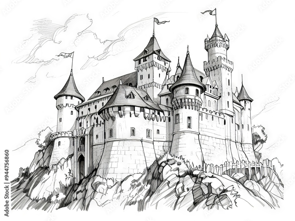 Detailed Pen and Ink and Pencil Sketch of a Majestic Castle Detailed Pen and Ink and Pencil Sketch of a Majestic Castle