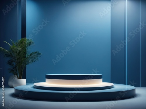 Minimal scene 3D realistic background. blue podium with light effect