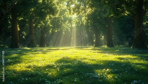 A picturesque forest bathed in warm sunlight.