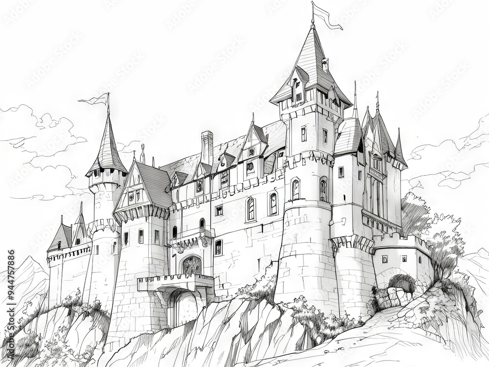 Detailed Pen and Ink and Pencil Sketch of a Majestic Castle Detailed Pen and Ink and Pencil Sketch of a Majestic Castle