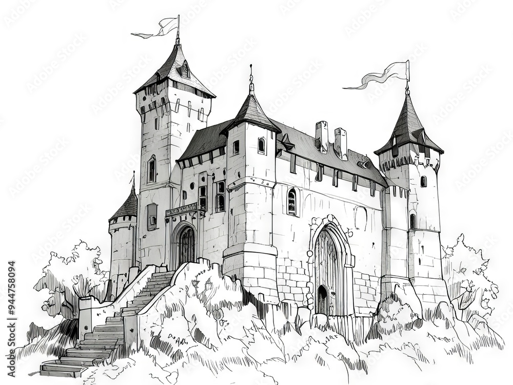 Detailed Pen and Ink and Pencil Sketch of a Majestic Castle Detailed Pen and Ink and Pencil Sketch of a Majestic Castle