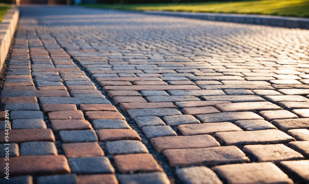 Fototapeta premium A cobblestone path in the evening light, with a soft glow reflecting off the stone