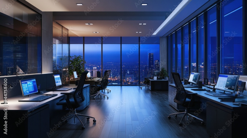 Nighttime View of Modern Office with City Skyline Nighttime View of Modern Office with City Skyline