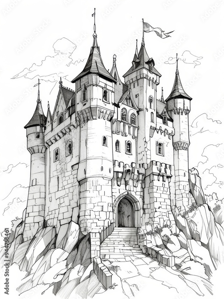 Detailed Pen and Ink and Pencil Sketch of a Majestic Castle Detailed Pen and Ink and Pencil Sketch of a Majestic Castle