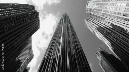 Tall skyscraper viewed from below with two neighboring buildings