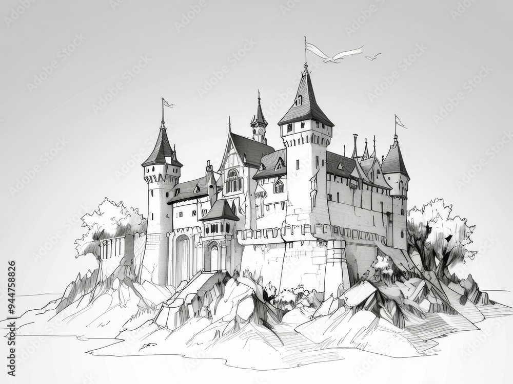 Detailed Pen and Ink and Pencil Sketch of a Majestic Castle Detailed Pen and Ink and Pencil Sketch of a Majestic Castle