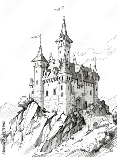 Detailed Pen and Ink and Pencil Sketch of a Majestic Castle