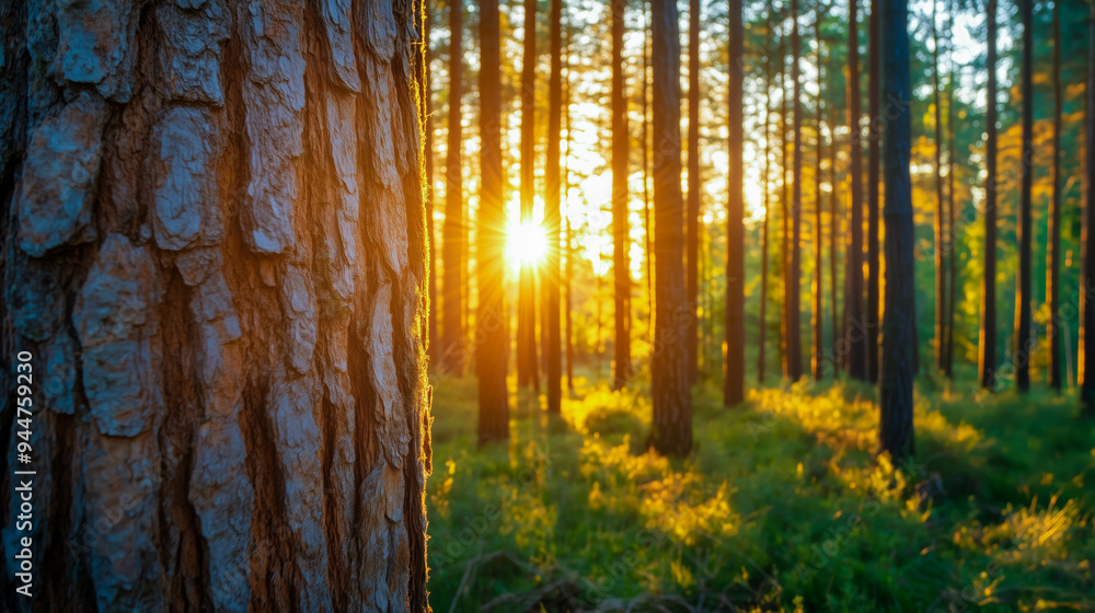 Obraz premium Sunlight Streaming Through a Lush Forest at Sunrise