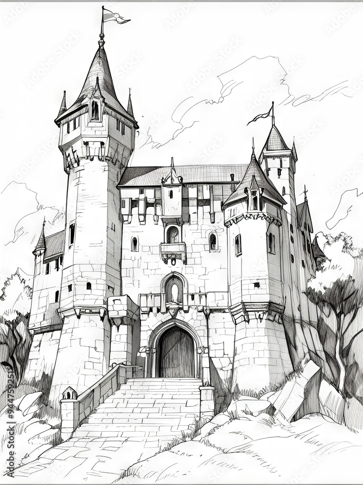 Fototapeta premium Detailed Pen and Ink and Pencil Sketch of a Majestic Castle