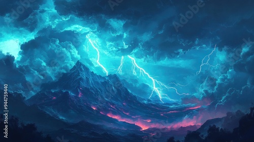 A Mountainous Landscape With Lightning Strikes and Glowing Lava Flow