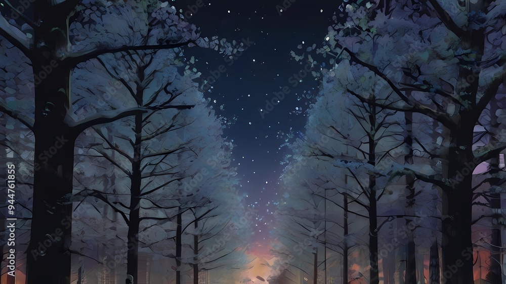 Obraz premium 美しい星空と樹氷が並ぶ神秘的な壁紙風景