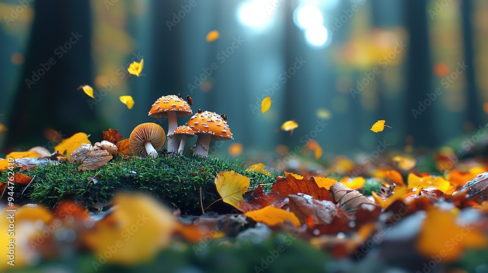 Picture of Illustration of a forest floor with mushrooms insects and decaying ...