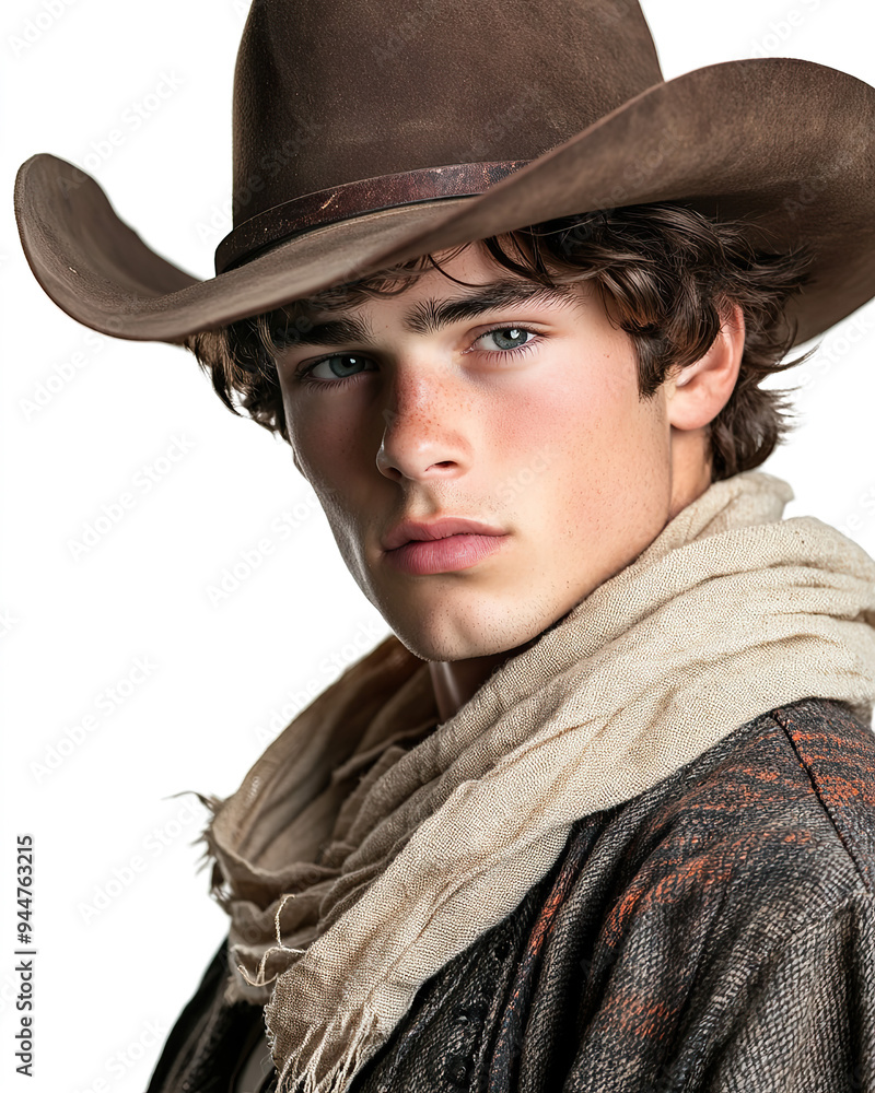 Fototapeta premium Portrait of a Young and Handsome Cowboy in 1900s Clothing Vintage Western Style