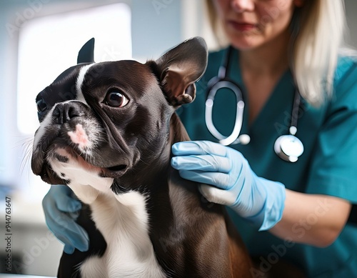 veterinarian examines Boston Terrierdog in clinic photo