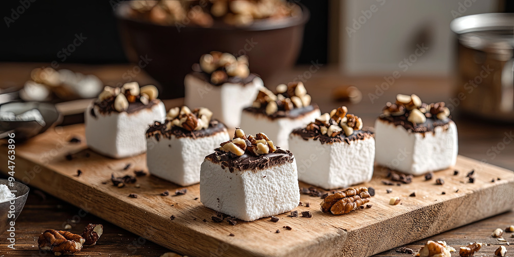 Small squares of white marshmallows with chocolate and nuts on top, generative AI Small squares of white marshmallows with chocolate and nuts on top, generative AI