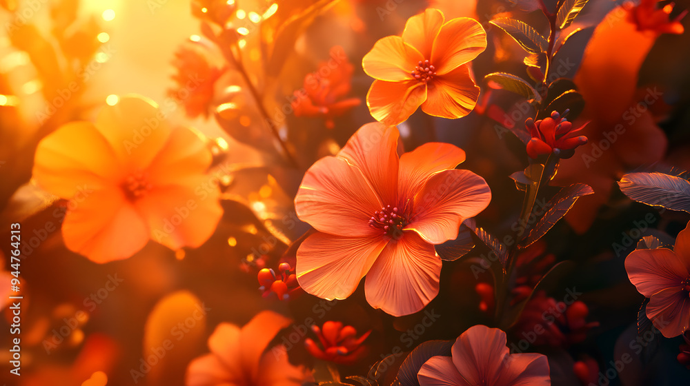 A vibrant cluster of orange flowers with green leaves, bathed in warm sunlight. A vibrant cluster of orange flowers with green leaves, bathed in warm sunlight.
