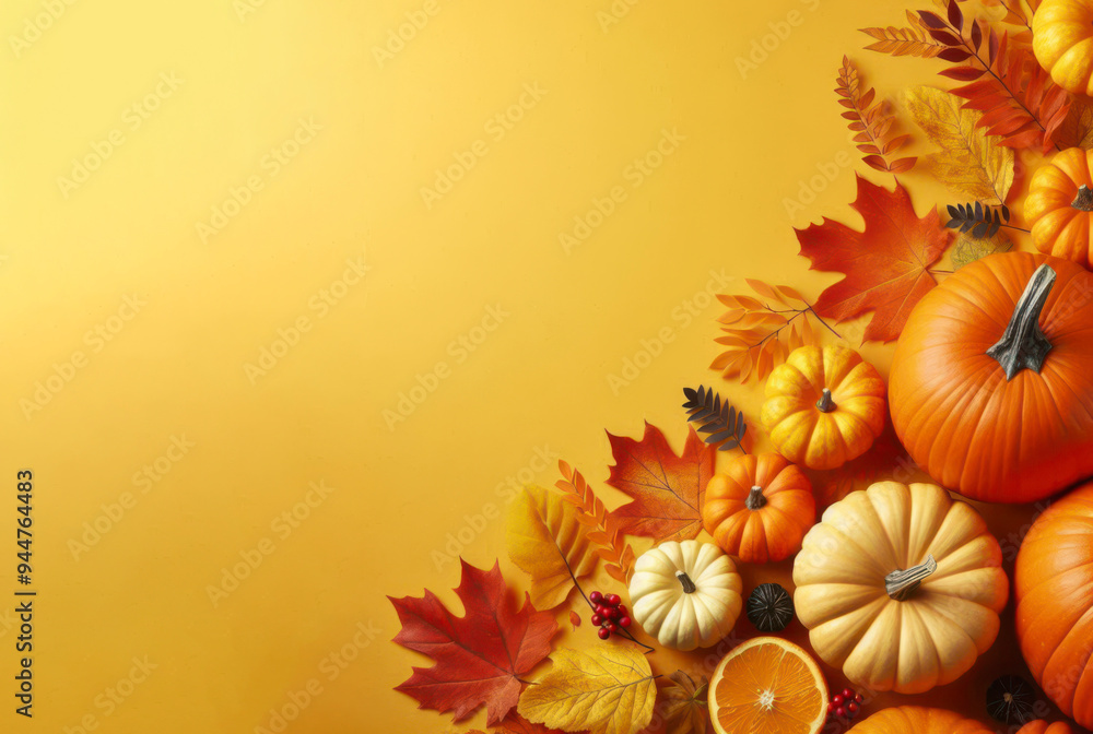 Pumpkins and autumn leaves arranged at the side corner on a vibrant yellow backdrop. Plain background. Pumpkins and autumn leaves arranged at the side corner on a vibrant yellow backdrop. Plain background.