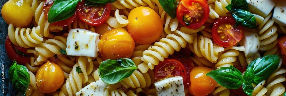 Tomato, mozzarella, and basil pasta salad, a refreshing cold dish for summer, perfect for vegetarians and an ideal option for office meals.