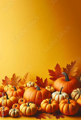 Pumpkins and autumn leaves arranged at the side corner on a vibrant yellow backdrop. Plain background.  photo