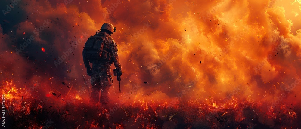 Fototapeta premium Silhouetted Soldier Standing in a Blazing Inferno