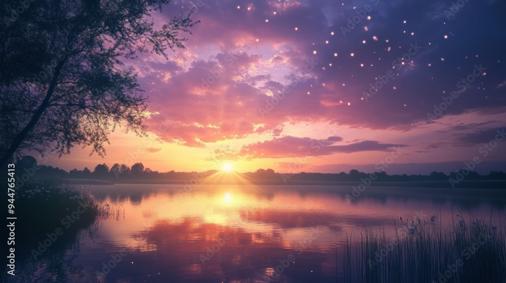A Serene Sunset Over a Still Lake with a Silhouetted Tree and a Starry Sky A Serene Sunset Over a Still Lake with a Silhouetted Tree and a Starry Sky