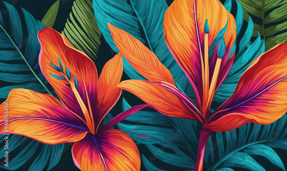 A close-up of colorful tropical flowers with vivid orange and purple hues, surrounded by lush green leaves A close-up of colorful tropical flowers with vivid orange and purple hues, surrounded by lush green leaves
