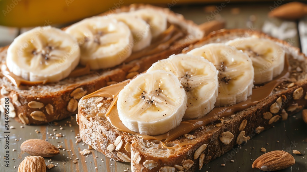 Sliced banana with almond butter on whole grain toast, Banana healthy fitness, energizing and wholesome snack Sliced banana with almond butter on whole grain toast, Banana healthy fitness, energizing and wholesome snack