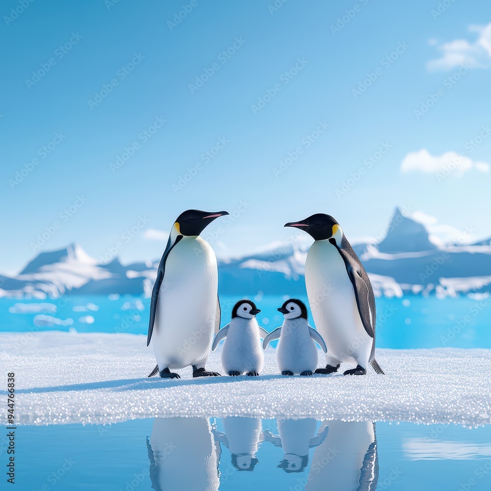 Fototapeta premium A family of penguins interacting with the environment in a polar setting highlights the social patterns seen in biotic communities.