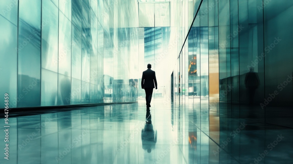 Businessman Walking Through Modern Glass Corridor Businessman Walking Through Modern Glass Corridor