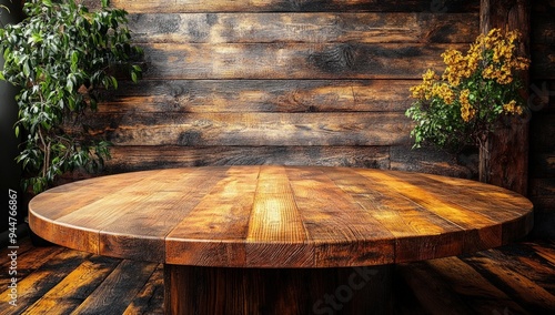 A rustic wooden table with a natural backdrop. photo