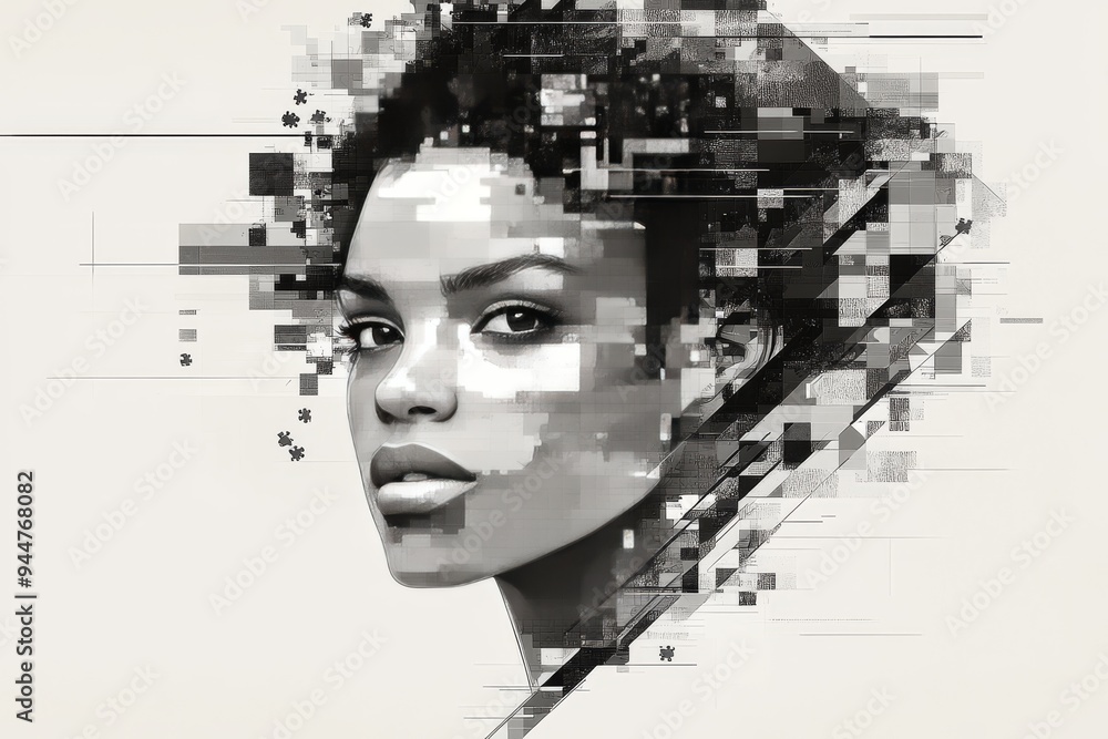Monochromatic portrait of a woman disintegrating into pixels symbolizing the fragmentation of identity the impact of technology and the dissolution of modern self perception Monochromatic portrait of a woman disintegrating into pixels symbolizing the fragmentation of identity the impact of technology and the dissolution of modern self perception
