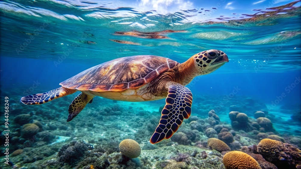 Fototapeta premium Hawksbill sea turtle swimming in the clear waters of the Indian Ocean, nature, wildlife, marine, underwater