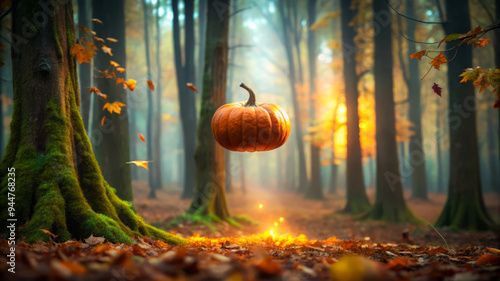 Pumpkin Floating In A Magical Autumn Forest. photo