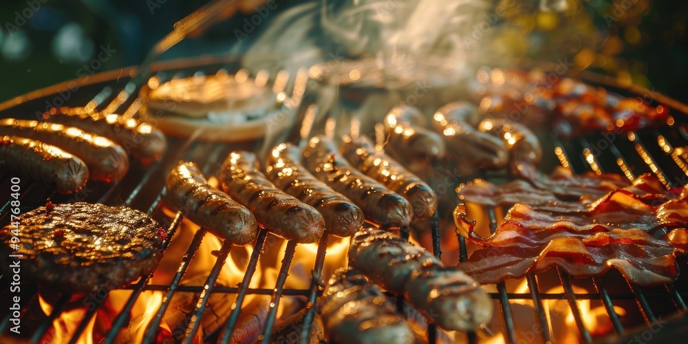 Fototapeta premium Cooking sausages, burgers, and bacon on the grill