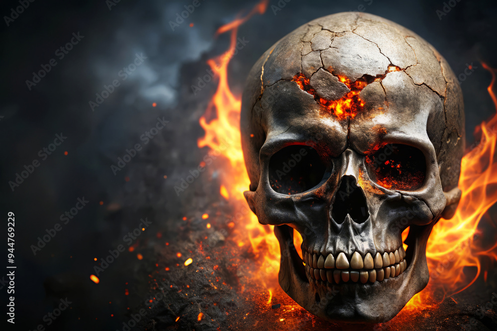 Burning Human Skull With Cracks And Flames Burning Human Skull With Cracks And Flames