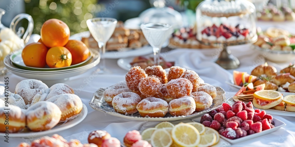 Buffet of Hanukkah Delicacies Featuring Pastry and Citrus on an Elegant Tablecloth with Focused Detail Buffet of Hanukkah Delicacies Featuring Pastry and Citrus on an Elegant Tablecloth with Focused Detail