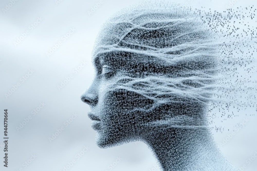 Ethereal minimalist depiction of a human profile dissolving into particles symbolizing the transient nature of thoughts memories and the fragility of human existence Ethereal minimalist depiction of a human profile dissolving into particles symbolizing the transient nature of thoughts memories and the fragility of human existence