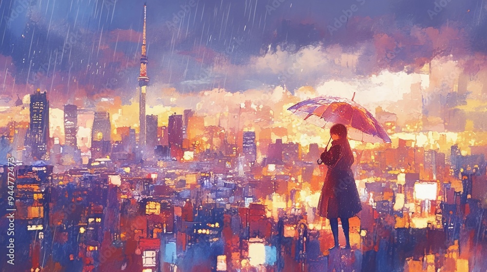 Fototapeta premium 雨の夕暮れ、大都市の風景画3