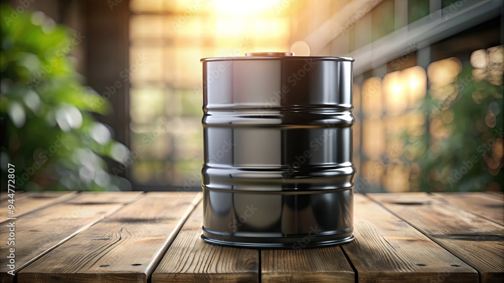Metal barrel for black oil on blurred background. Chemical storage for petroleum products, metal, barrel, black oil Metal barrel for black oil on blurred background. Chemical storage for petroleum products, metal, barrel, black oil