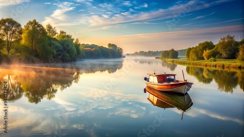 Boat floating peacefully on a tranquil river , water, nature, transportation, serene, tranquil, relaxing, journey