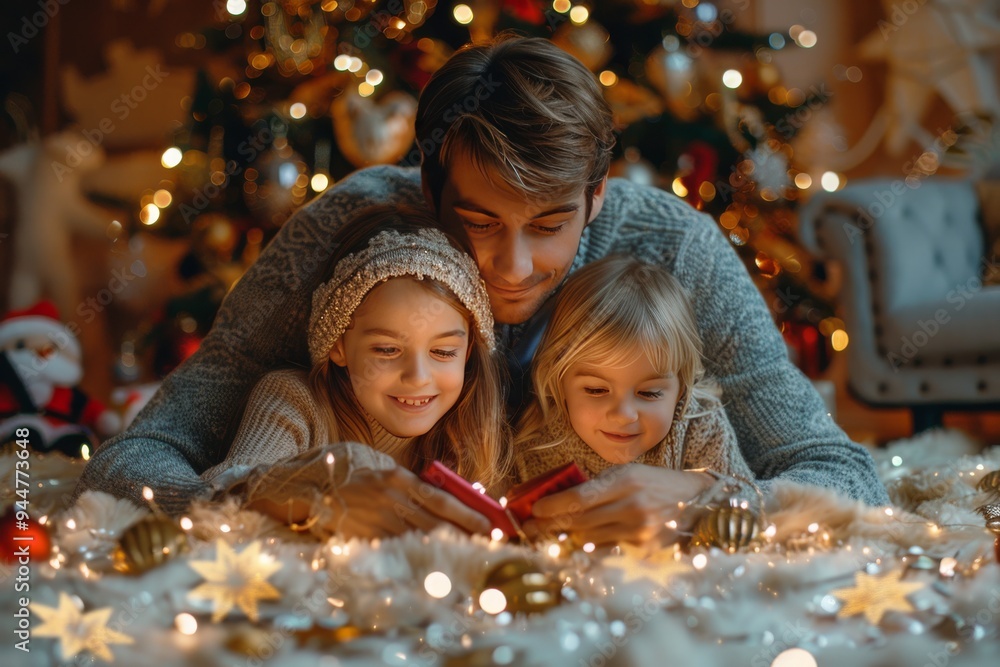 Family gathered around a festive Christmas tree, enjoying a cozy evening with lights and decorations Family gathered around a festive Christmas tree, enjoying a cozy evening with lights and decorations