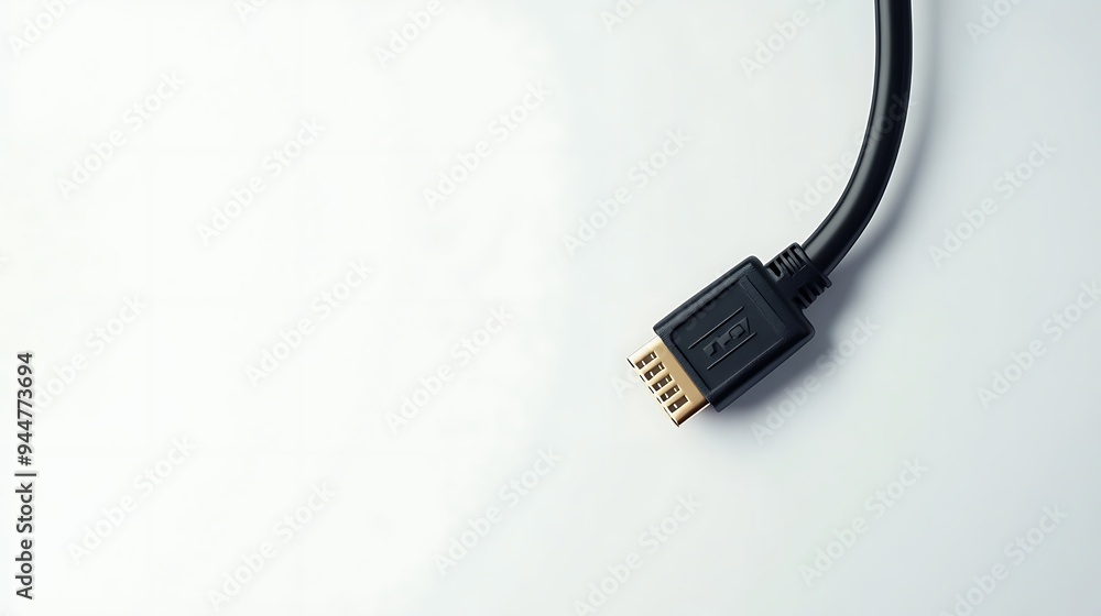 Close-up of a black cable with a gold-plated connector against a white background. Close-up of a black cable with a gold-plated connector against a white background.