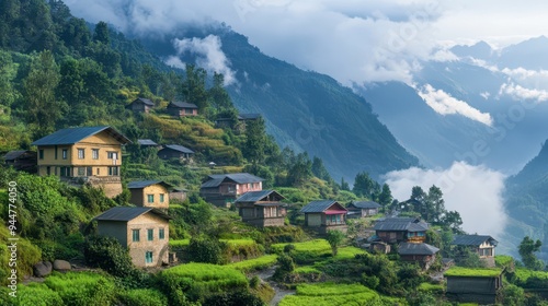 Lush hillside village surrounded by misty mountains at dawn